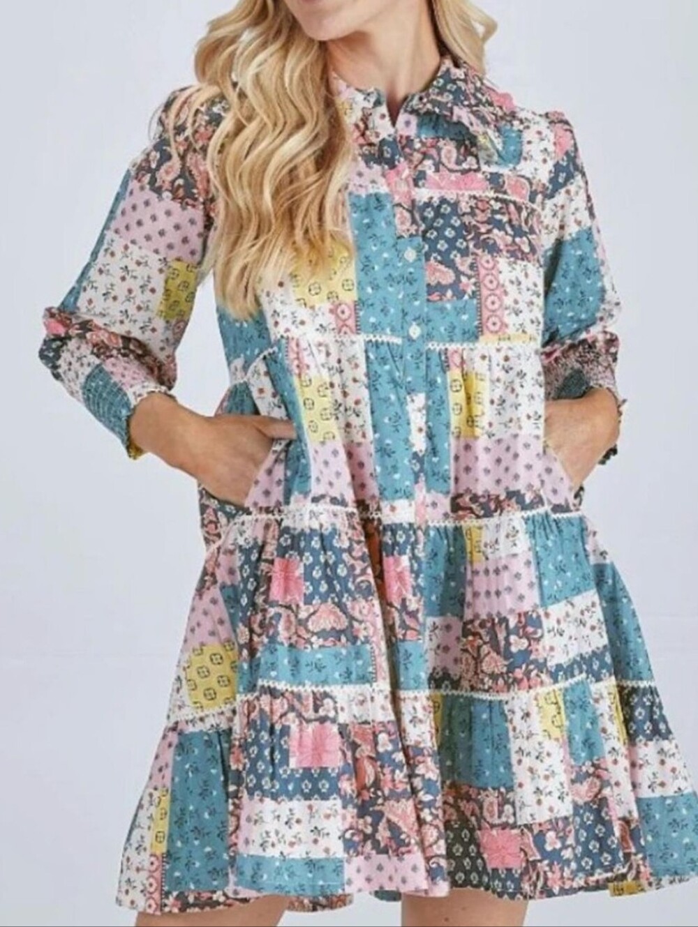 Simply Southern Patchwork Tiered Button-Front Dress in Multicolor Size Small